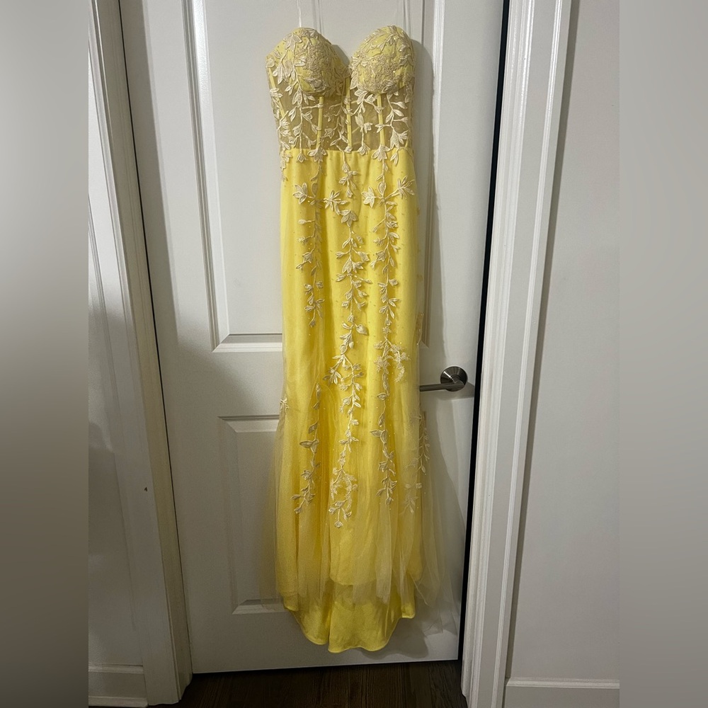 Pastel Yellow Strapless Gown with Floral Embroidery